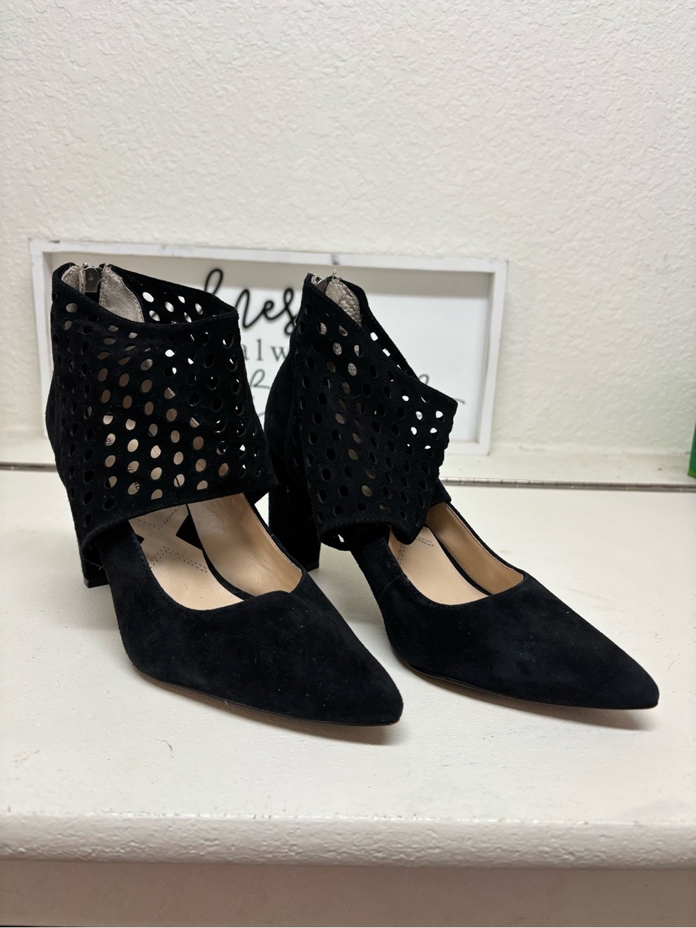 Adrienne Vittadini Black Suede Pointed Toe Cutout Ankle Pumps